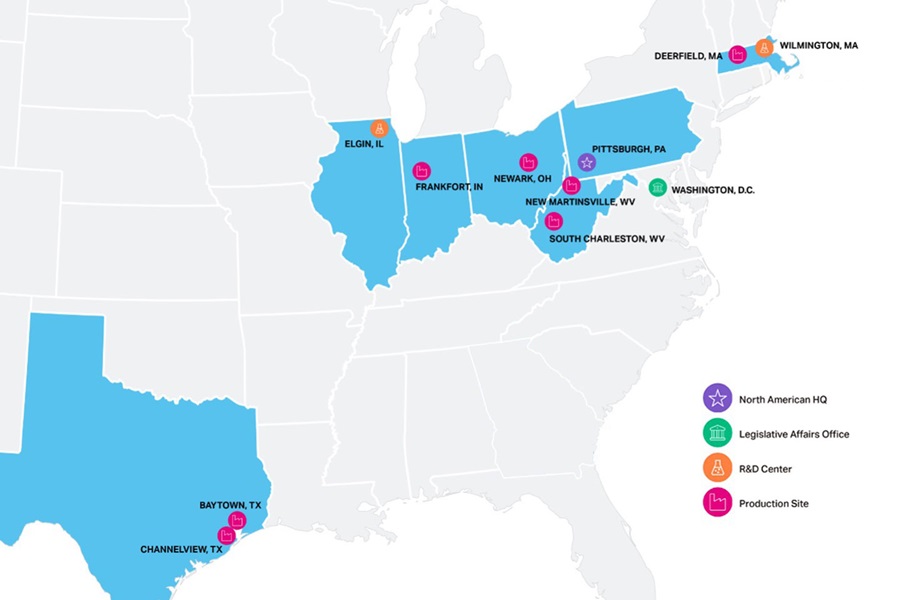 Map of eastern half of the U.S. where Covestro sites are located