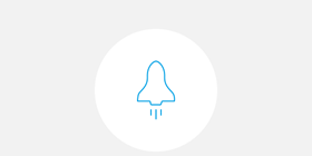 Blaues Icon eines Raumschiffs, das nach vorne fliegt.