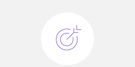 Lila Icon eines Pfeiles auf einer Zielscheibe.