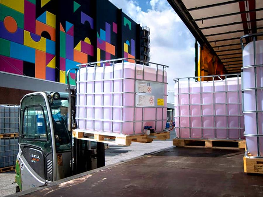 A forklift is handling cargo.