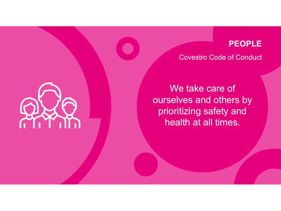 Covestro Compliance "People" – Slide 2: "We take care of ourselves and others by prioritizing safety and health at all times."