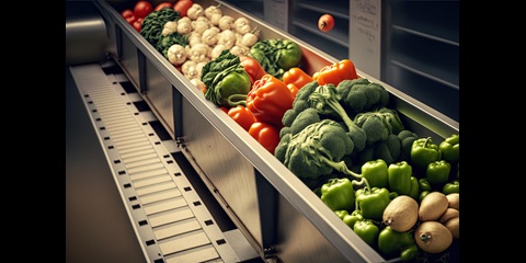 Vegetables are sorted by size as they go down a conveyor belt at a food processing fac