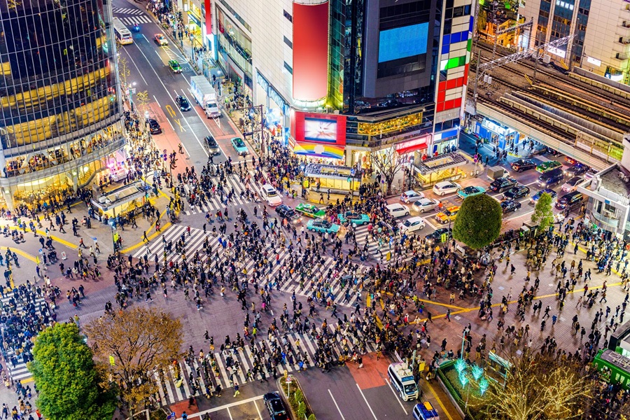 Aerial view of a road junction in Tokyo, Japan