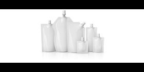 Unbranded samples of flexible and disposable packaging for liquids in a range of shapes and sizes