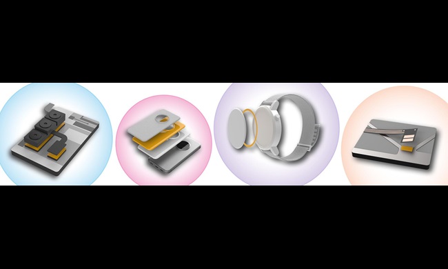 Application examples like mobile phone covers and electric components in colored circles