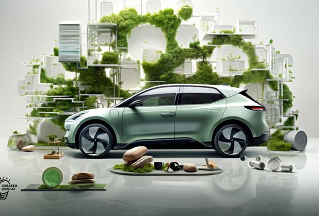 Illustration of a green car in front of a modern building overgrown with plants.